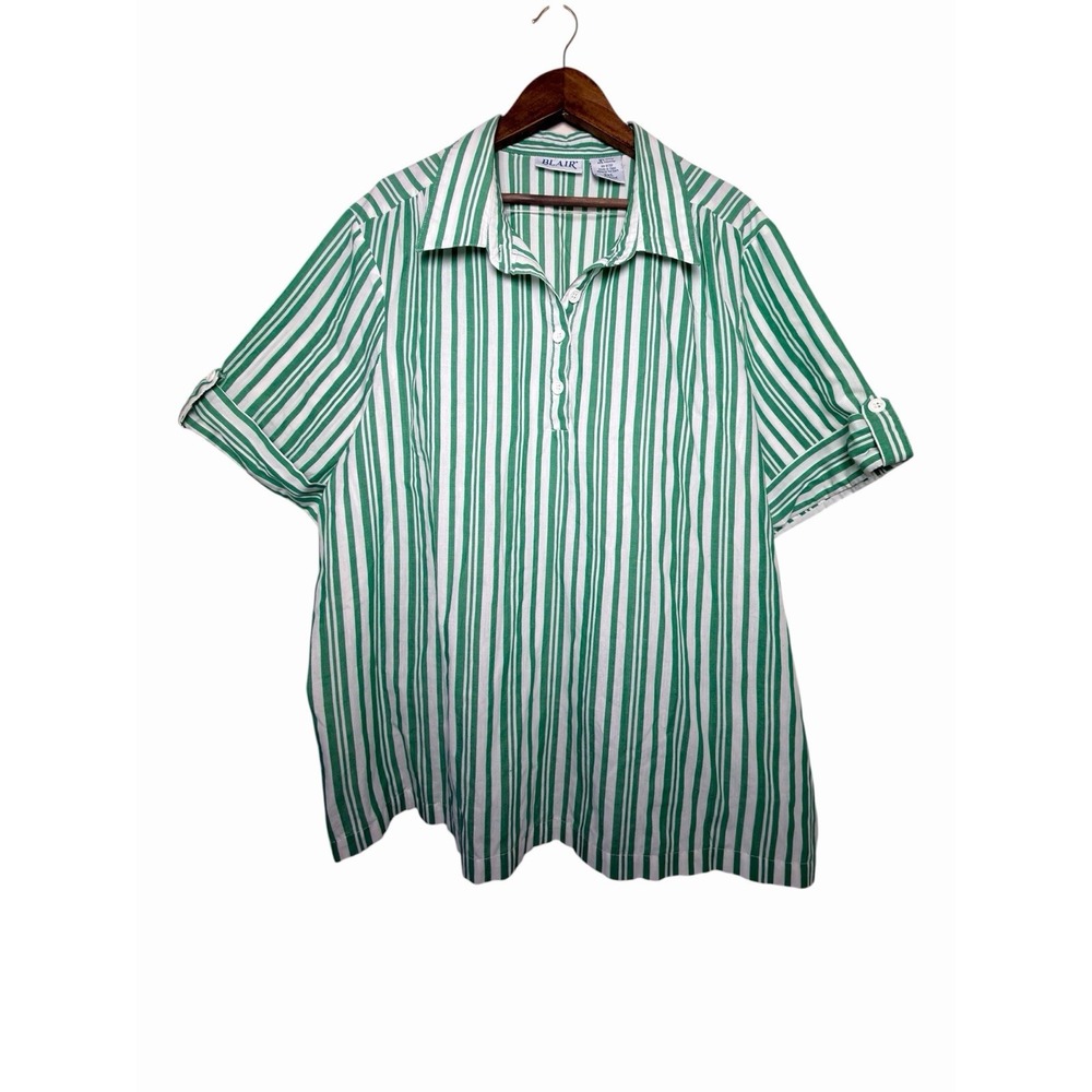 Blair Striped Tunic Top Women 2XL Green White Short Sleeve Button Up Collared